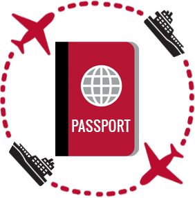 passport, ship, and airplane graphic