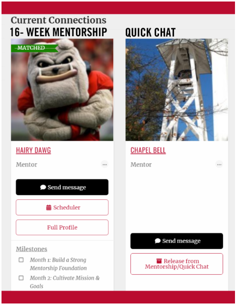 UGA Mentor Program website screenshot - Releasing a mentor from mentorship or quick chat
