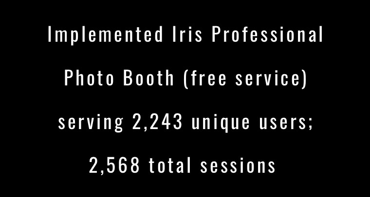 Implemented Iris Professional Photo Booth (Free Service) serving 2243 Unique Users; 2568 Total Sessions